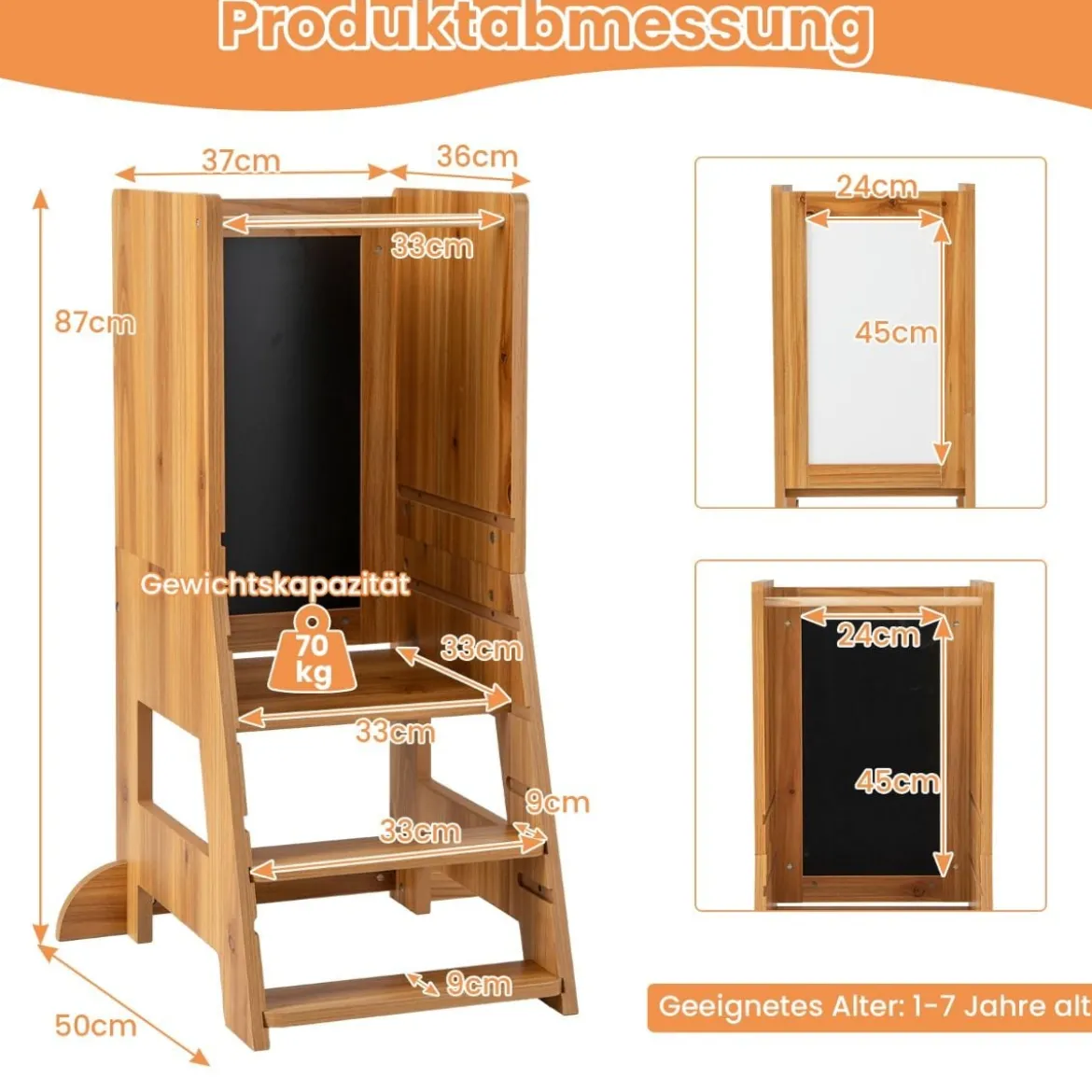 2 in 1 Kinder Lernturm mit Doppelseitiger Tafel & 3 Verstellbare Höhen Küchenhocker Trittschemel