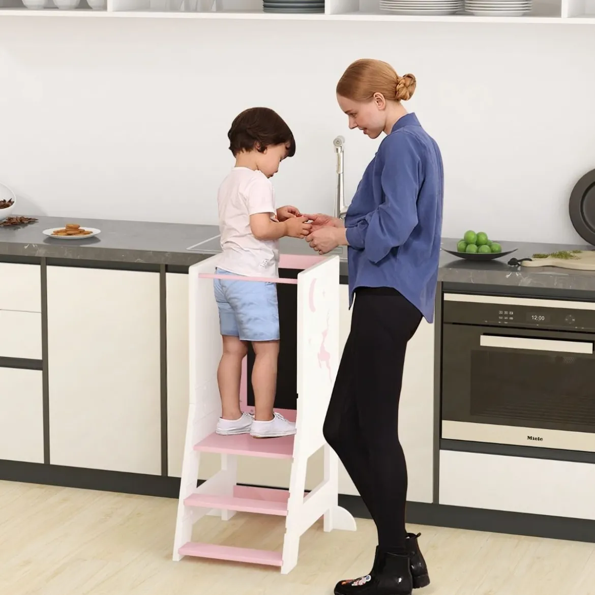 2 in 1 Kinder Lernturm mit Doppelseitiger Tafel & 3 Verstellbare Höhen Küchenhocker Trittschemel