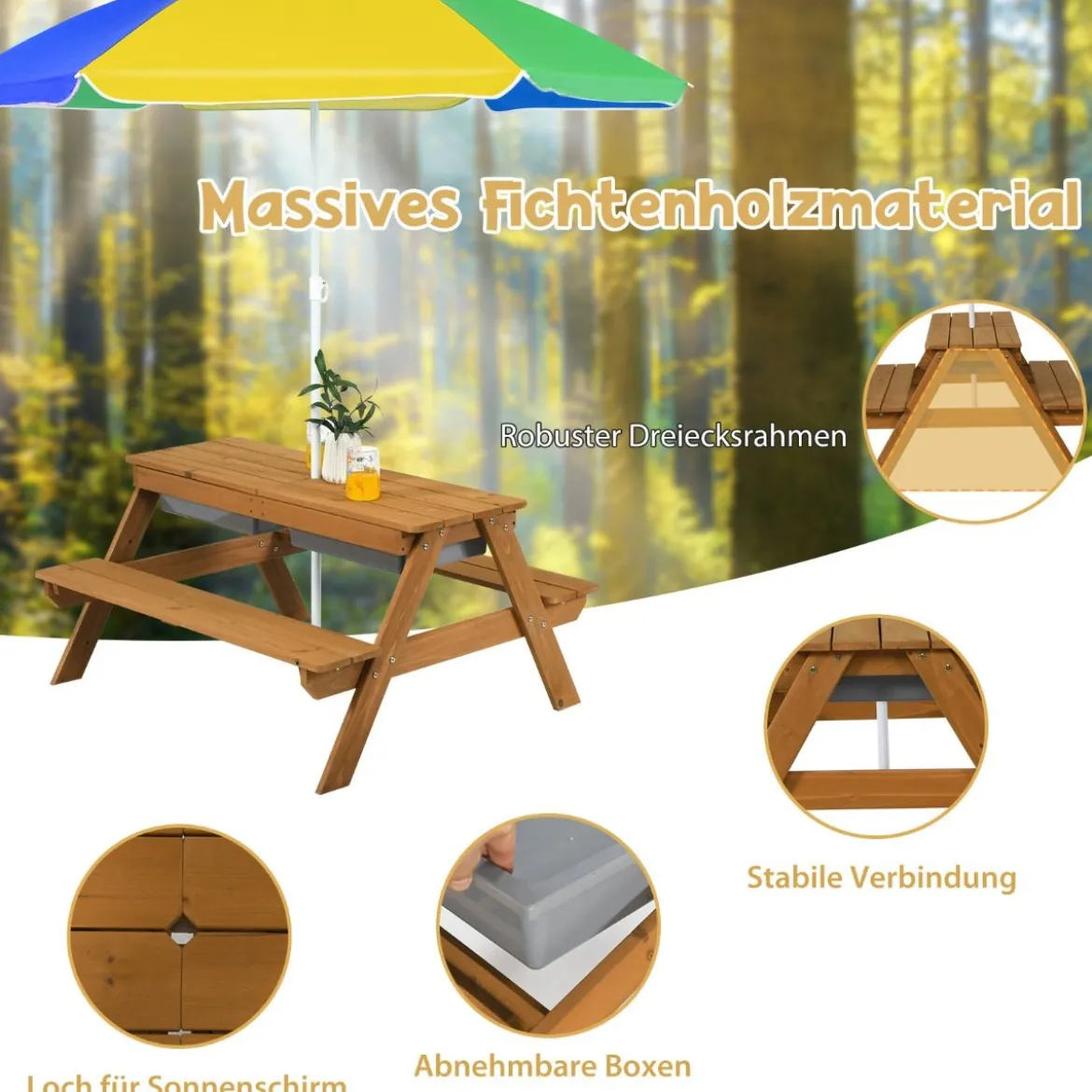 3 in 1 Kinder Picknicktisch mit Sonnenschirm & Bänke & Abnehmbarer Tischplatte