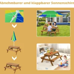 3 in 1 Kinder Picknicktisch mit Sonnenschirm & Bänke & Abnehmbarer Tischplatte
