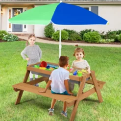 3 in 1 Kinder Picknicktisch mit Sonnenschirm & Bänke & Abnehmbarer Tischplatte