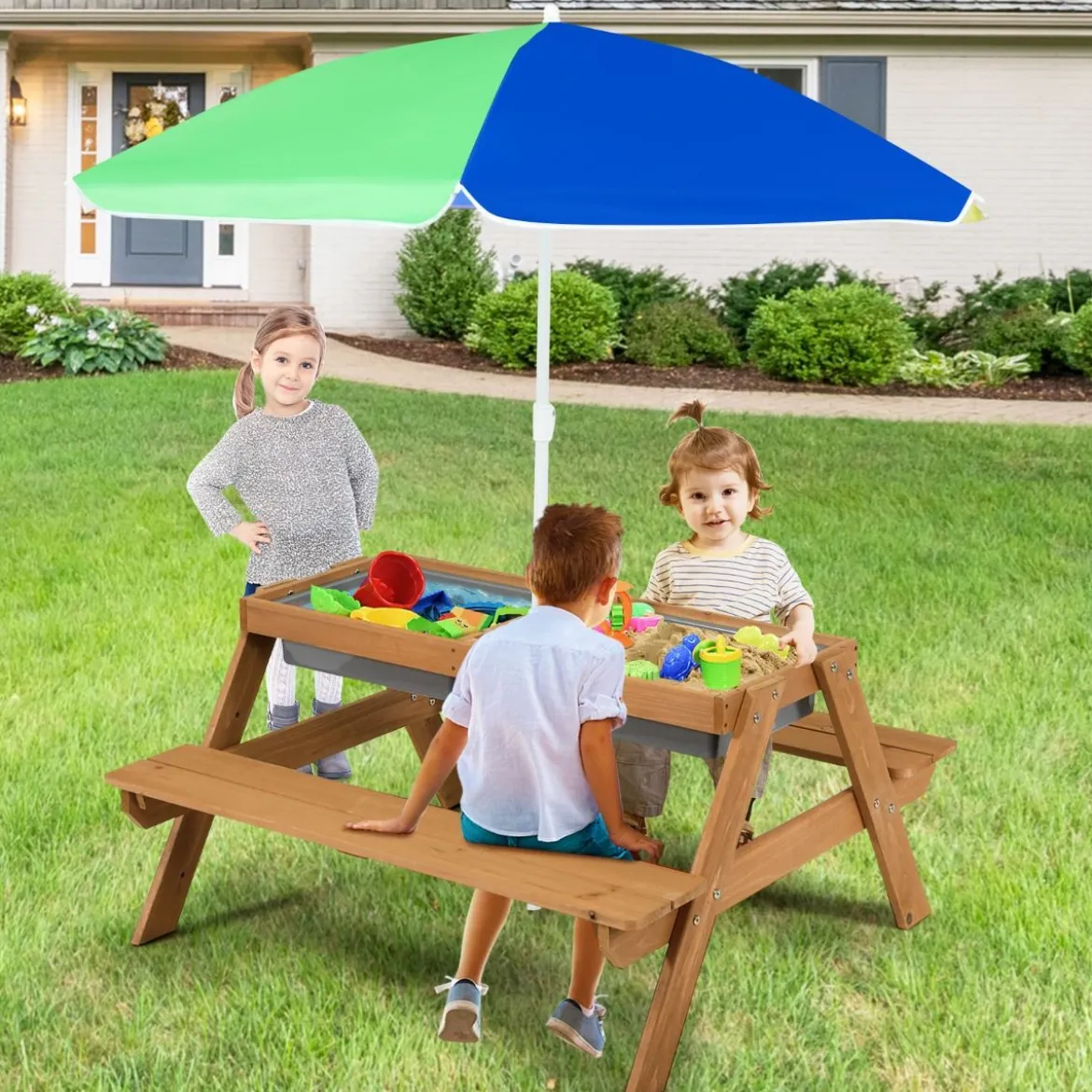 3 in 1 Kinder Picknicktisch mit Sonnenschirm & Bänke & Abnehmbarer Tischplatte