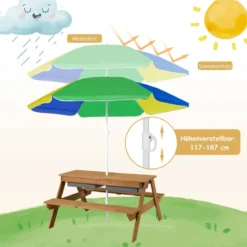 3 in 1 Kinder Picknicktisch mit Sonnenschirm & Bänke & Abnehmbarer Tischplatte