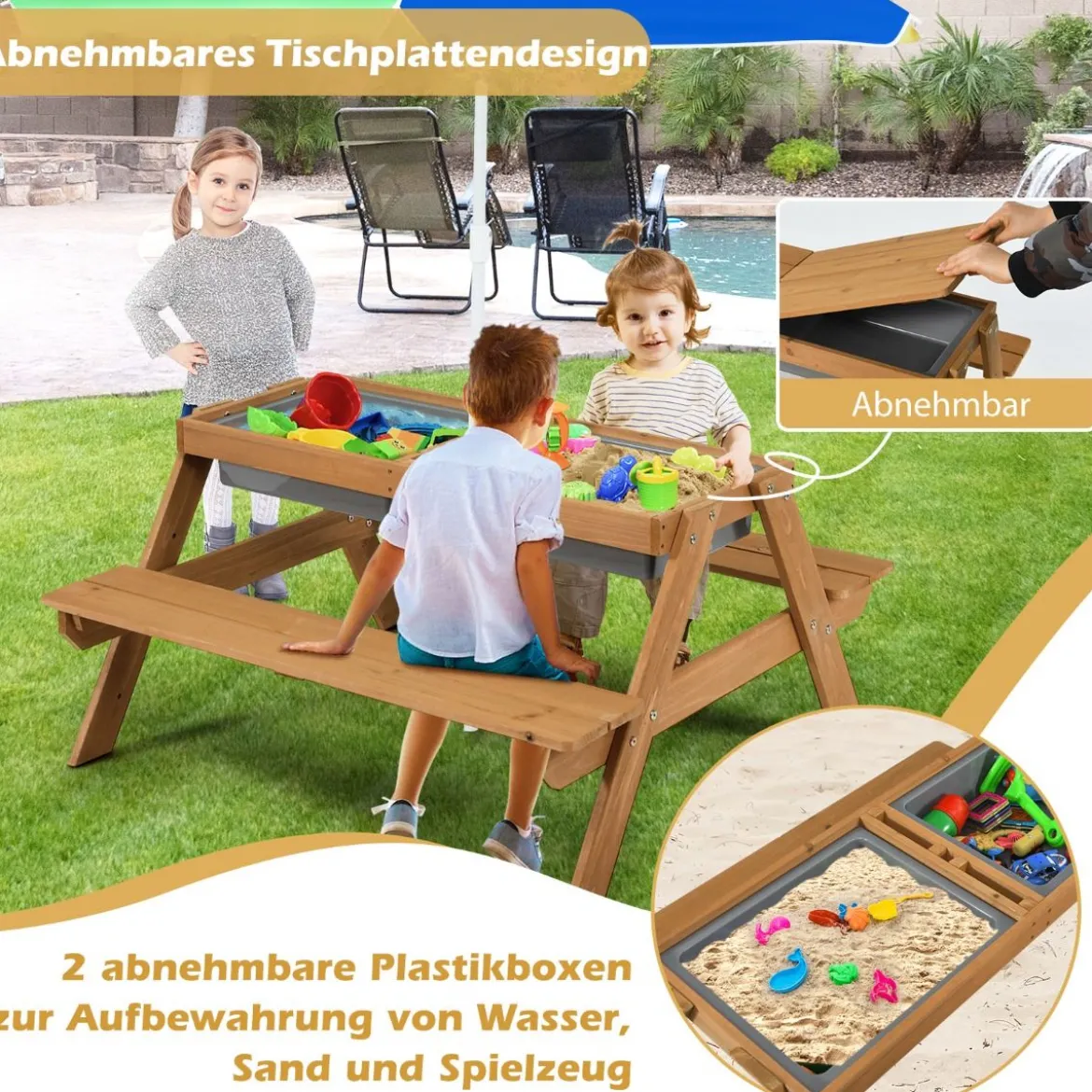 3 in 1 Kinder Picknicktisch mit Sonnenschirm & Bänke & Abnehmbarer Tischplatte