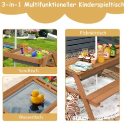3 in 1 Kinder Picknicktisch mit Sonnenschirm & Bänke & Abnehmbarer Tischplatte