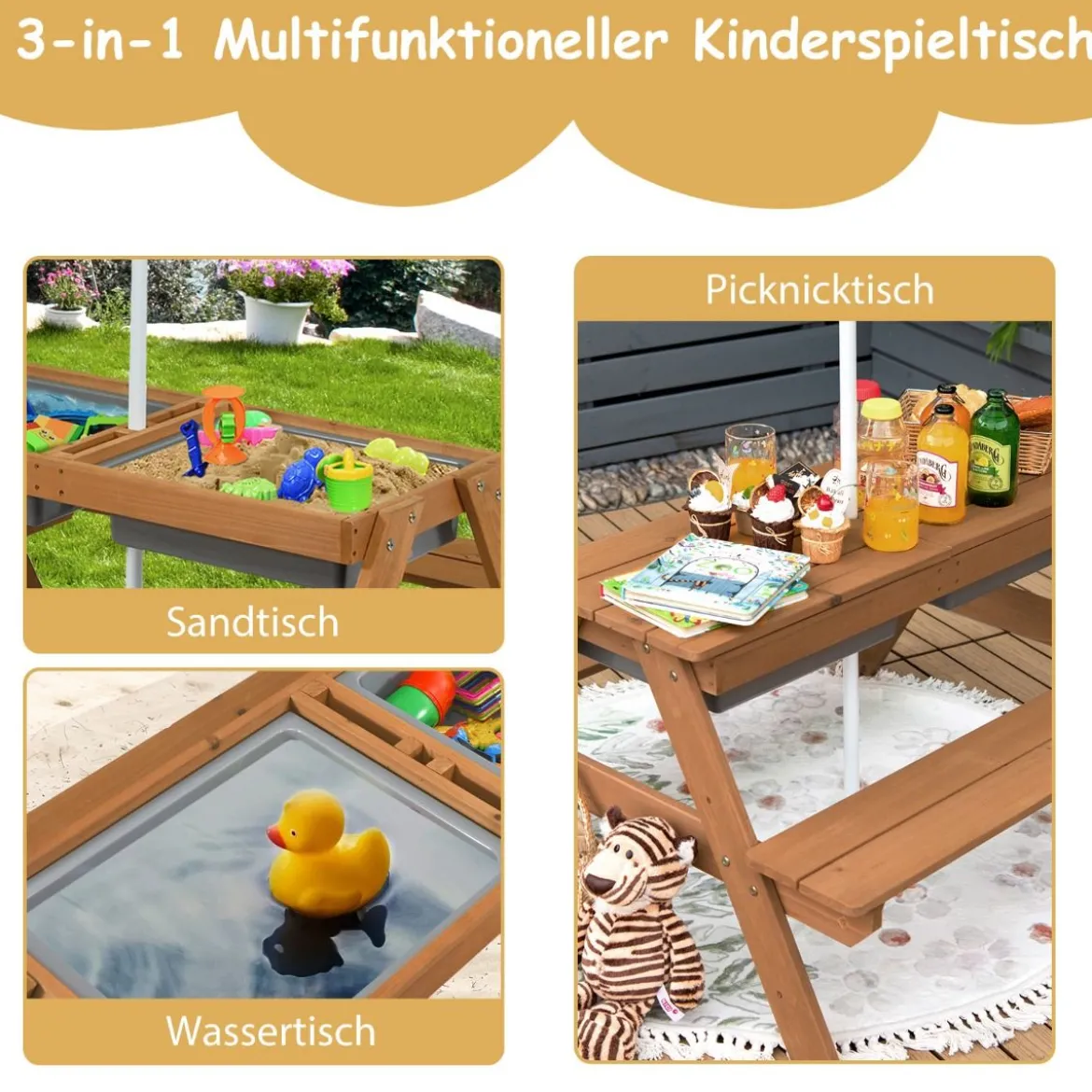 3 in 1 Kinder Picknicktisch mit Sonnenschirm & Bänke & Abnehmbarer Tischplatte