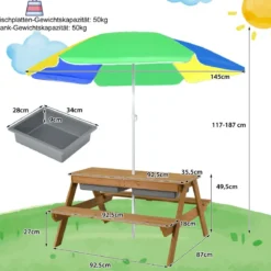 3 in 1 Kinder Picknicktisch mit Sonnenschirm & Bänke & Abnehmbarer Tischplatte