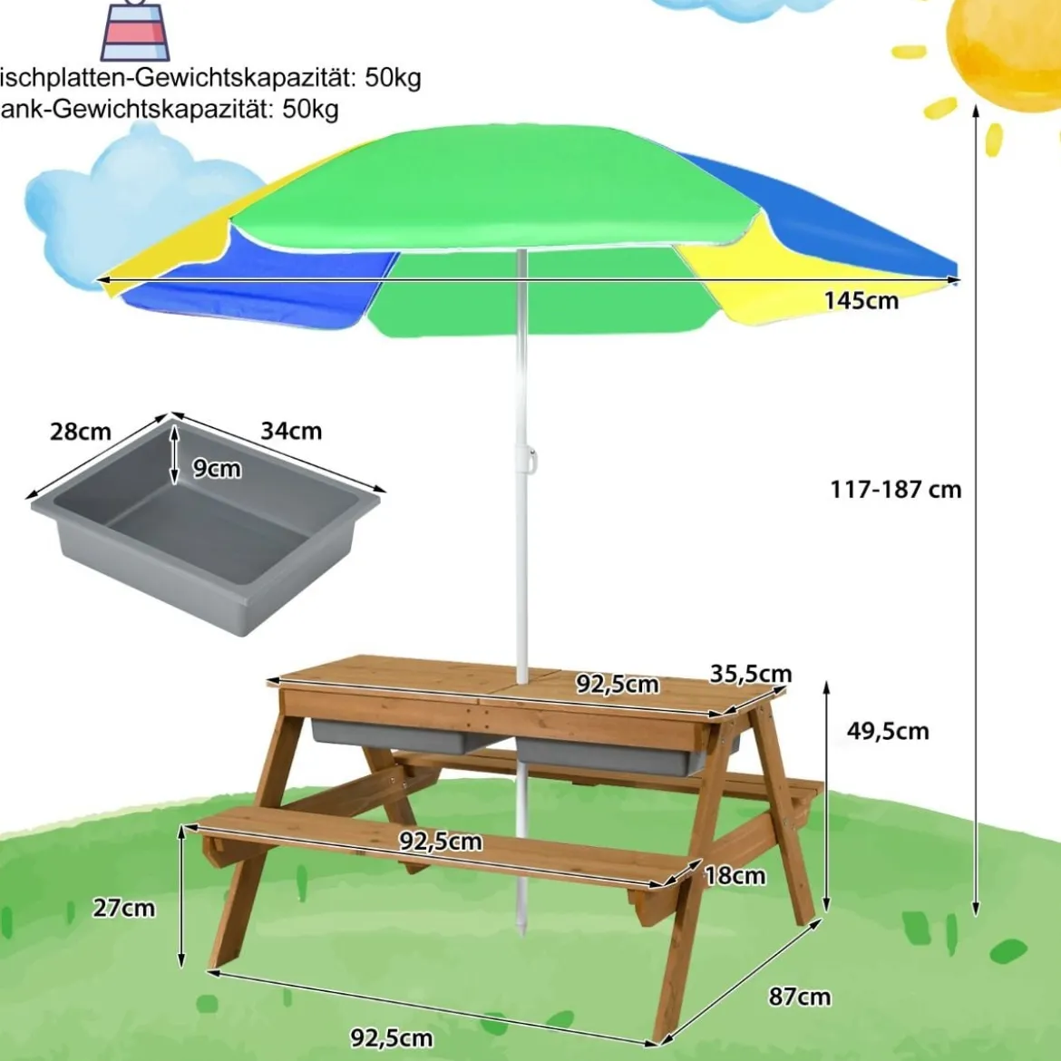 3 in 1 Kinder Picknicktisch mit Sonnenschirm & Bänke & Abnehmbarer Tischplatte
