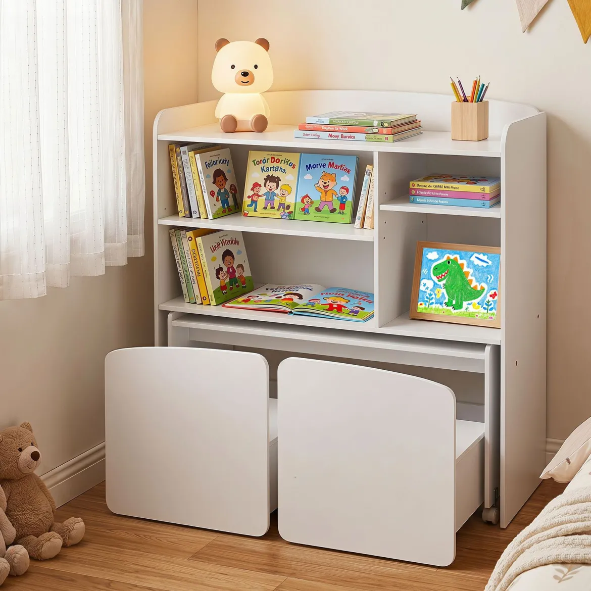 3 in 1 Kinderregal Spielzeugregal mit Schreibtisch auf Rollen & Kinderstuhl mit Rückenlehne Weiß