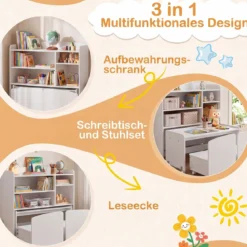 3 in 1 Kinderregal Spielzeugregal mit Schreibtisch auf Rollen & Kinderstuhl mit Rückenlehne Weiß