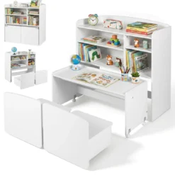 3 in 1 Kinderregal Spielzeugregal mit Schreibtisch auf Rollen & Kinderstuhl mit Rückenlehne Weiß