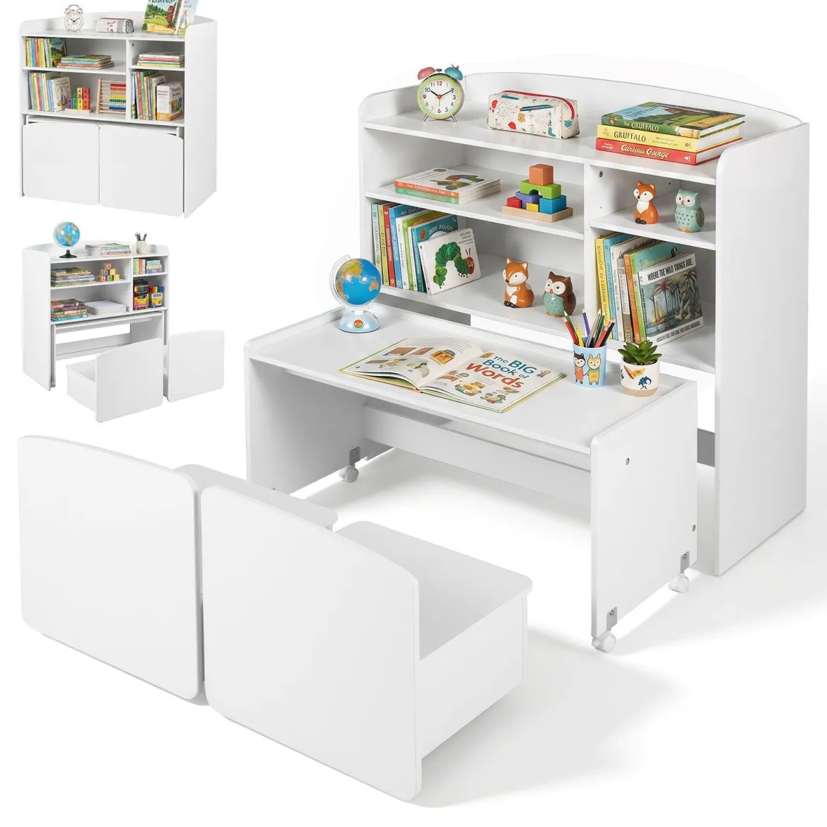 3 in 1 Kinderregal Spielzeugregal mit Schreibtisch auf Rollen & Kinderstuhl mit Rückenlehne Weiß