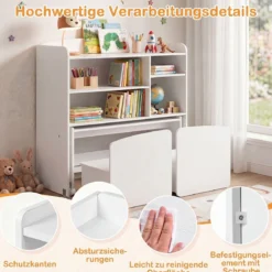 3 in 1 Kinderregal Spielzeugregal mit Schreibtisch auf Rollen & Kinderstuhl mit Rückenlehne Weiß