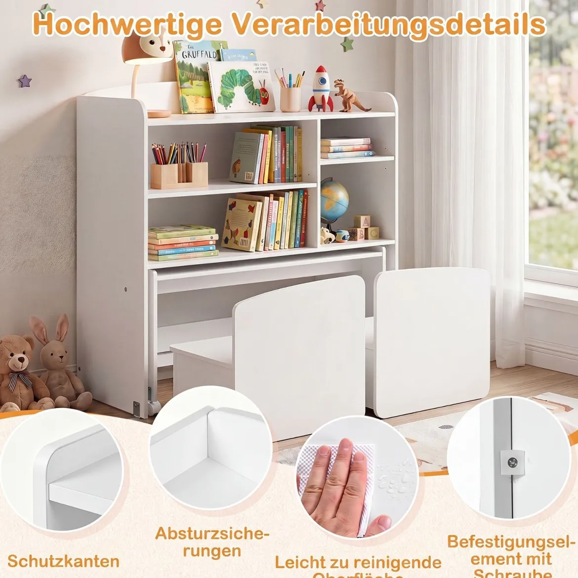 3 in 1 Kinderregal Spielzeugregal mit Schreibtisch auf Rollen & Kinderstuhl mit Rückenlehne Weiß