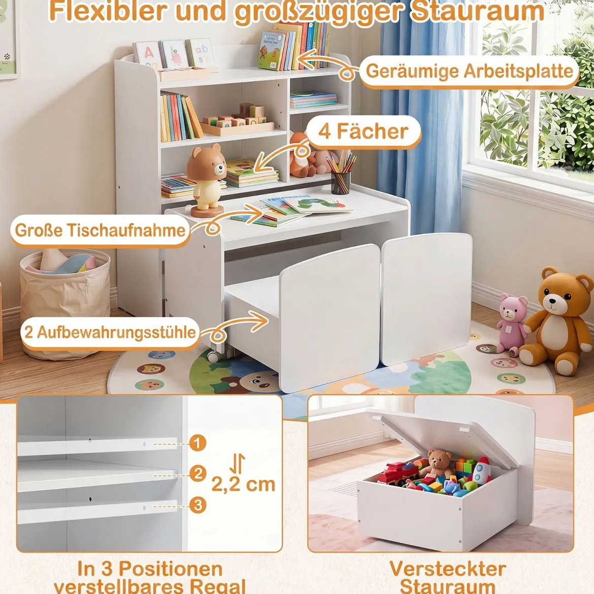 3 in 1 Kinderregal Spielzeugregal mit Schreibtisch auf Rollen & Kinderstuhl mit Rückenlehne Weiß