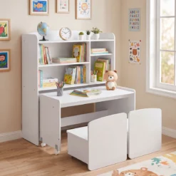 3 in 1 Kinderregal Spielzeugregal mit Schreibtisch auf Rollen & Kinderstuhl mit Rückenlehne Weiß