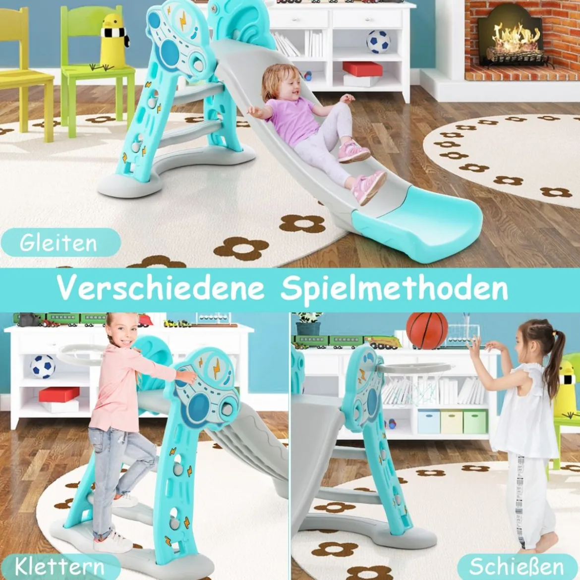 3 in 1 Kinderrutsche & Leiter & Basketballkorb Klappbares Rutschenspielset mit Pufferzone Blau