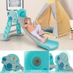 3 in 1 Kinderrutsche & Leiter & Basketballkorb Klappbares Rutschenspielset mit Pufferzone Blau