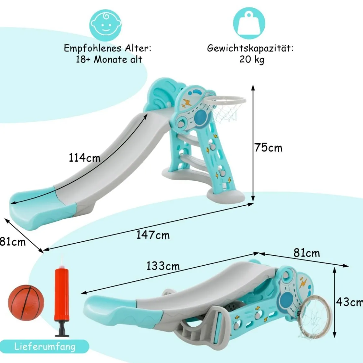 3 in 1 Kinderrutsche & Leiter & Basketballkorb Klappbares Rutschenspielset mit Pufferzone Blau