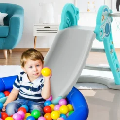 3 in 1 Kinderrutsche & Leiter & Basketballkorb Klappbares Rutschenspielset mit Pufferzone Blau
