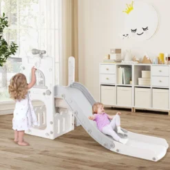 6-in-1 Kinderrutsche mit Basketballkorb & Teleskop Kinder Rutsche Rutschenset Grau