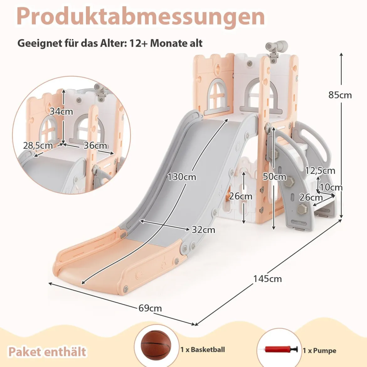 6-in-1 Kinderrutsche mit Basketballkorb & Teleskop Kinder Rutsche Rutschenset Rosa