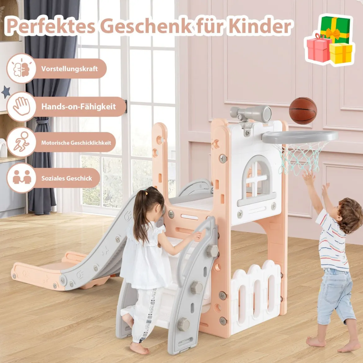 6-in-1 Kinderrutsche mit Basketballkorb & Teleskop Kinder Rutsche Rutschenset Rosa
