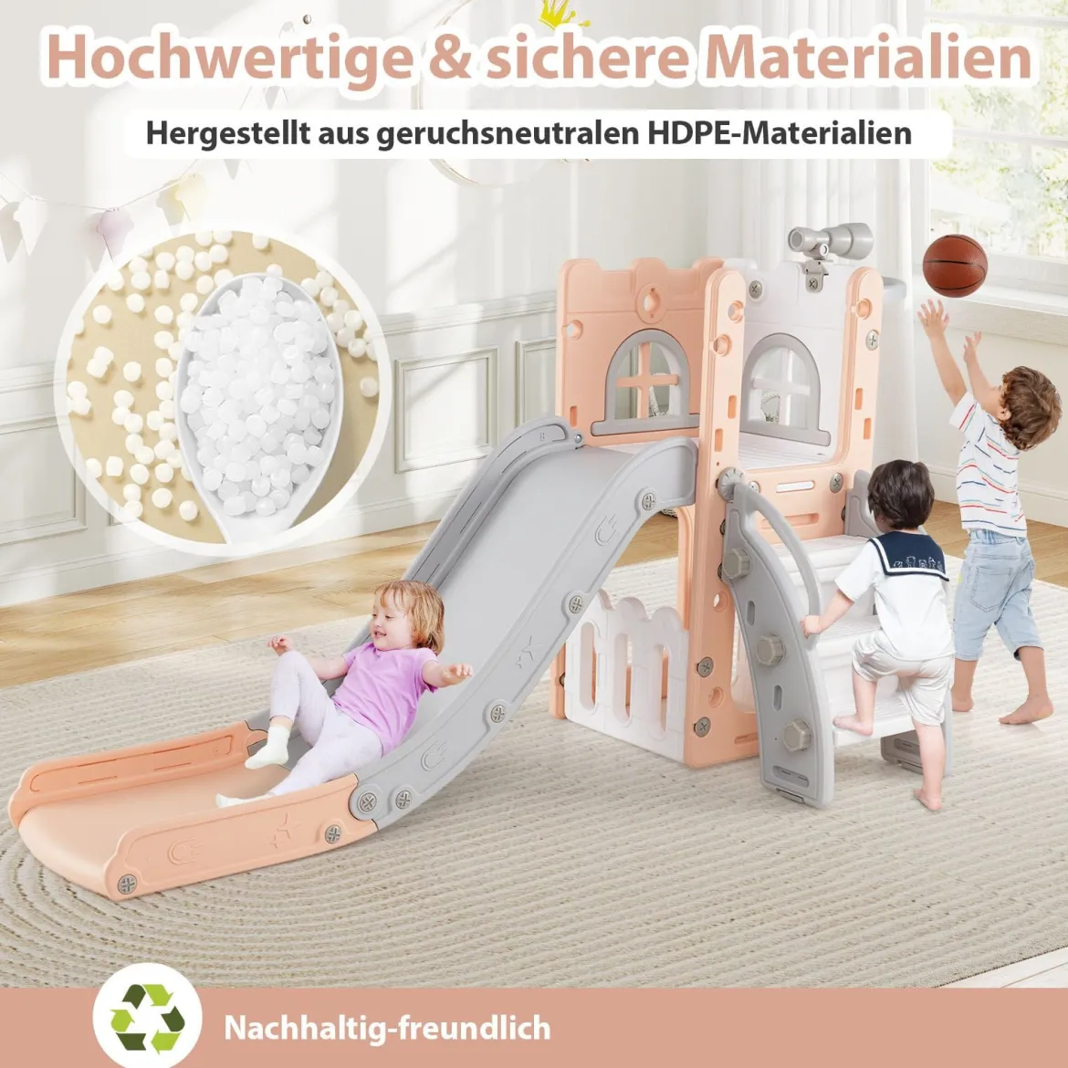 6-in-1 Kinderrutsche mit Basketballkorb & Teleskop Kinder Rutsche Rutschenset Rosa