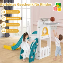 6-in-1 Kinderrutsche mit Basketballkorb & Teleskop Kinder Rutsche Rutschenset Grün
