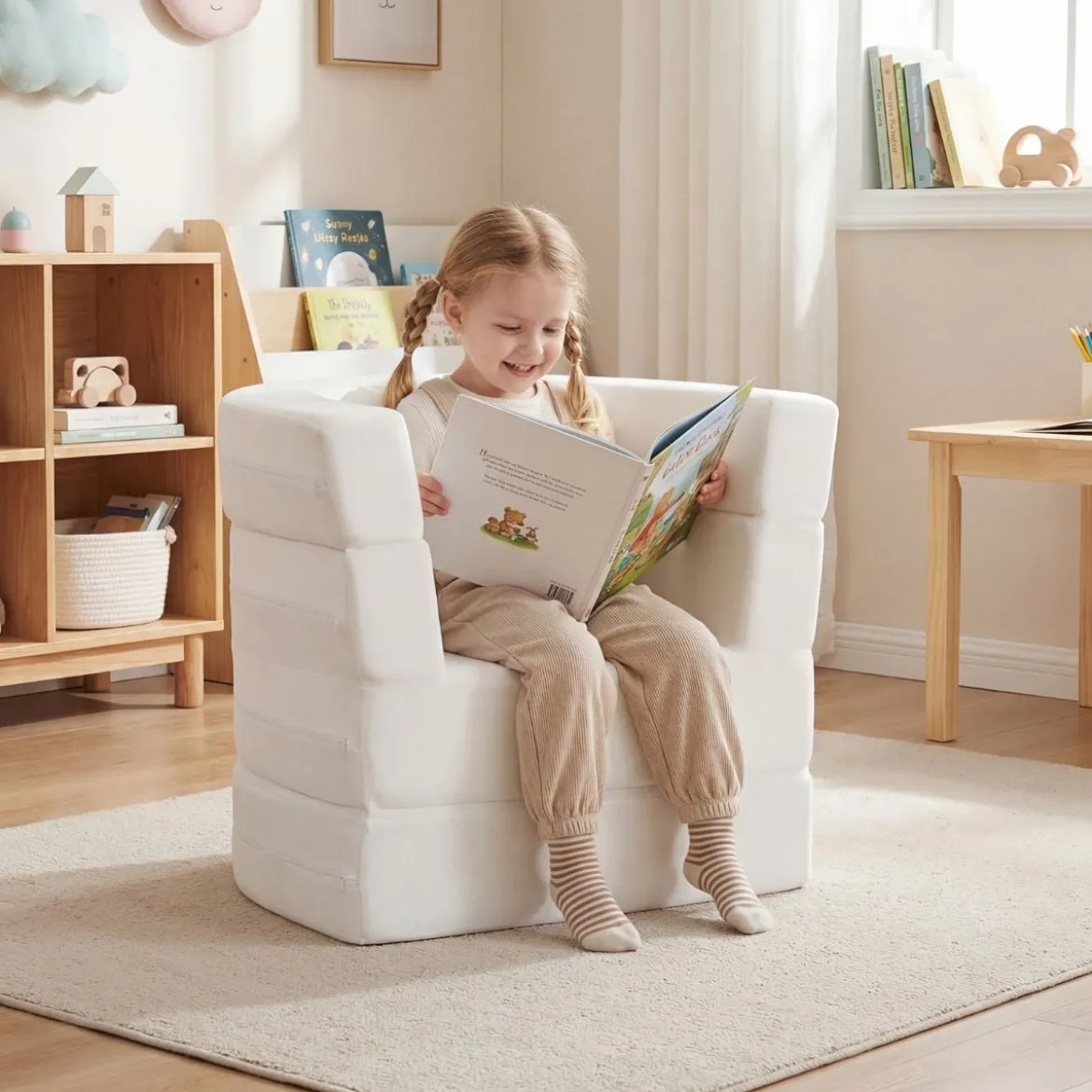 3-in-1 Kinder Schlafsofa klappbares Kinderbett mit weicher Schwammfüllung & bequemem Kissen Beige