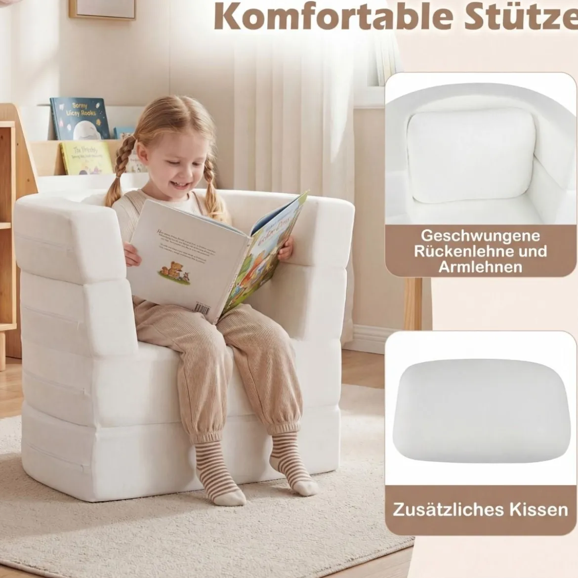3-in-1 Kinder Schlafsofa klappbares Kinderbett mit weicher Schwammfüllung & bequemem Kissen Beige