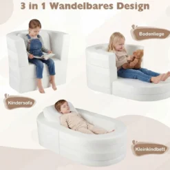 3-in-1 Kinder Schlafsofa klappbares Kinderbett mit weicher Schwammfüllung & bequemem Kissen Beige
