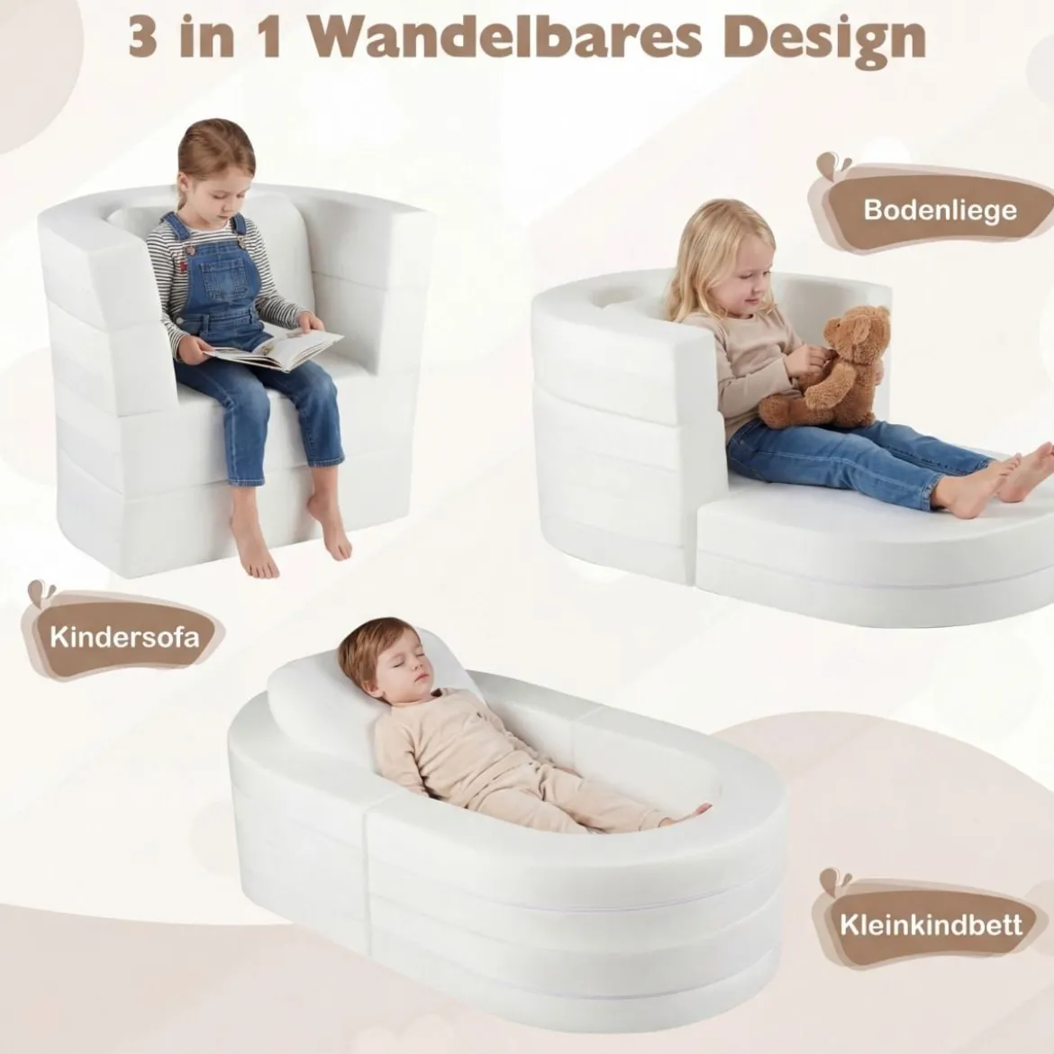 3-in-1 Kinder Schlafsofa klappbares Kinderbett mit weicher Schwammfüllung & bequemem Kissen Beige