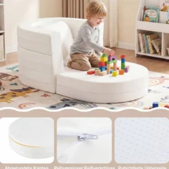 3-in-1 Kinder Schlafsofa klappbares Kinderbett mit weicher Schwammfüllung & bequemem Kissen Beige