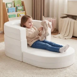 3-in-1 Kinder Schlafsofa klappbares Kinderbett mit weicher Schwammfüllung & bequemem Kissen Beige