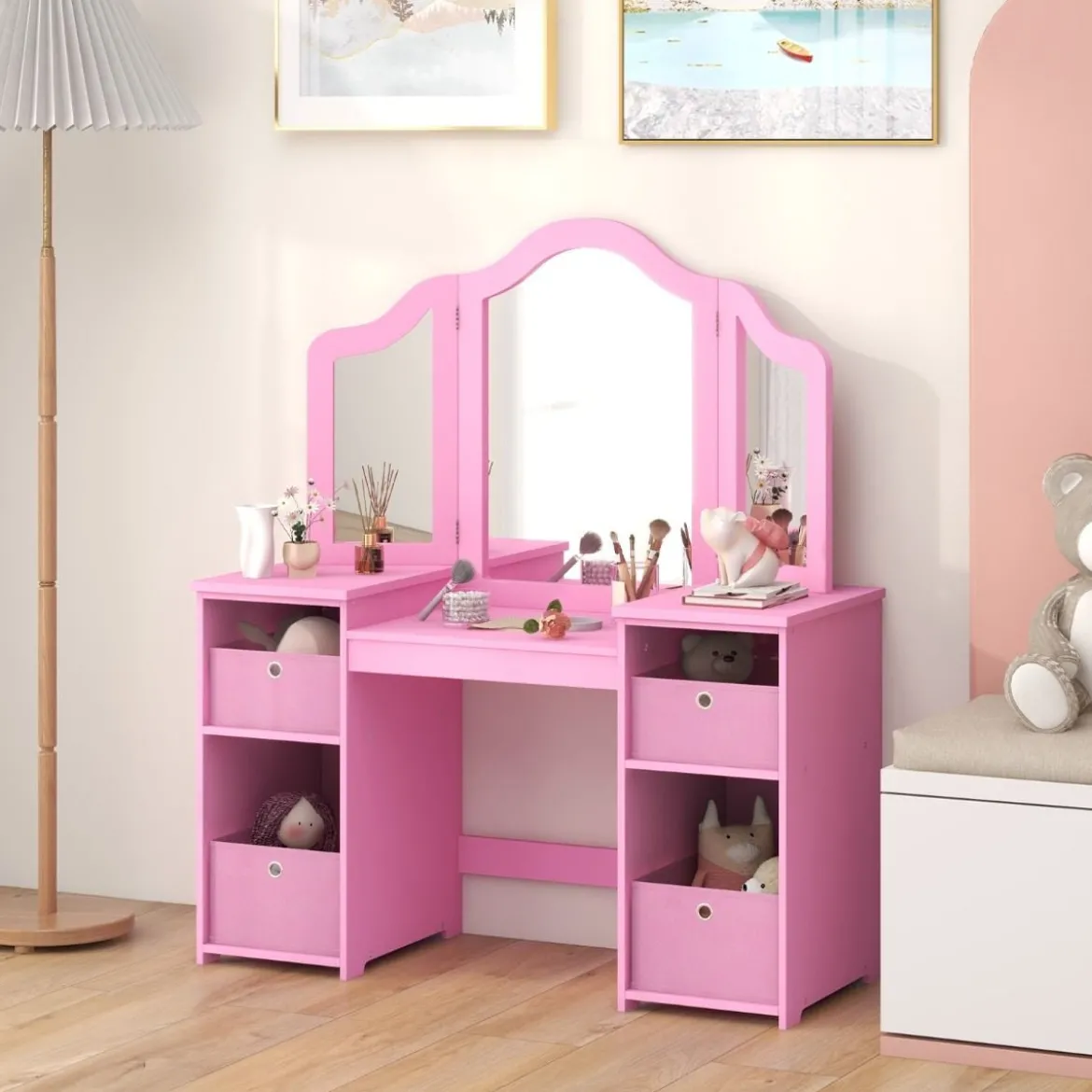 2 in 1 Kinder Schminktisch mit Abnehmbarem Spiegel & Aufbewahrungsboxen Schminkkommode
