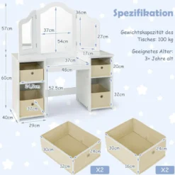 2 in 1 Kinder Schminktisch mit Abnehmbarem Spiegel & Aufbewahrungsboxen Schminkkommode