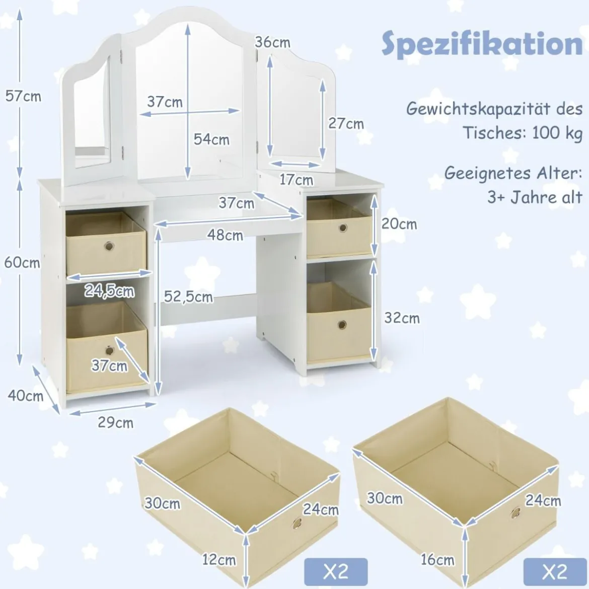 2 in 1 Kinder Schminktisch mit Abnehmbarem Spiegel & Aufbewahrungsboxen Schminkkommode