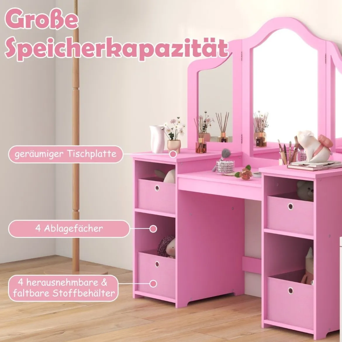 2 in 1 Kinder Schminktisch mit Abnehmbarem Spiegel & Aufbewahrungsboxen Schminkkommode