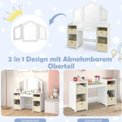 2 in 1 Kinder Schminktisch mit Abnehmbarem Spiegel & Aufbewahrungsboxen Schminkkommode