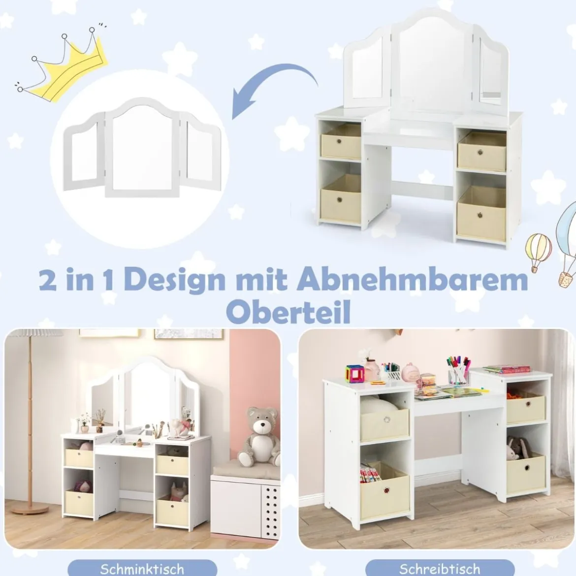 2 in 1 Kinder Schminktisch mit Abnehmbarem Spiegel & Aufbewahrungsboxen Schminkkommode