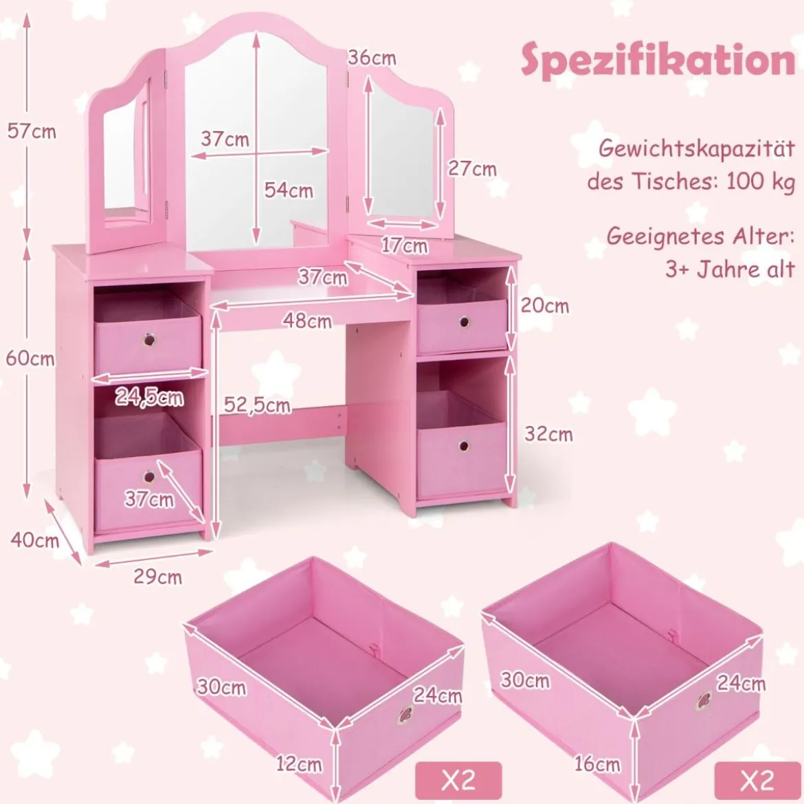 2 in 1 Kinder Schminktisch mit Abnehmbarem Spiegel & Aufbewahrungsboxen Schminkkommode