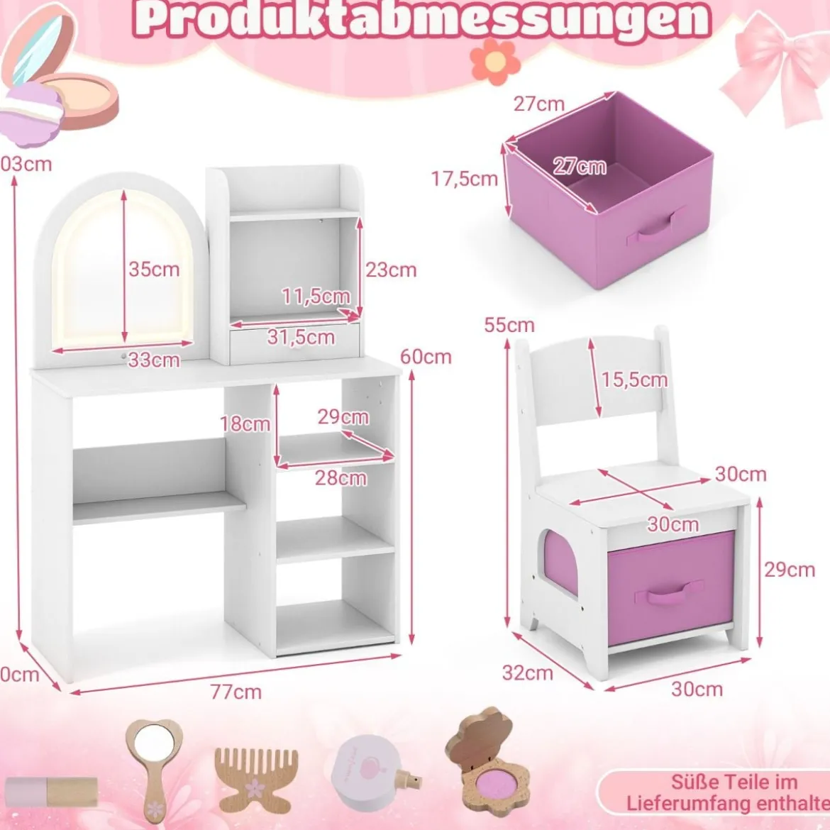 2 in 1 Kinder Schminktisch mit Beleuchtung Holz Frisiertisch mit Schubladen & Zubehör Weiß