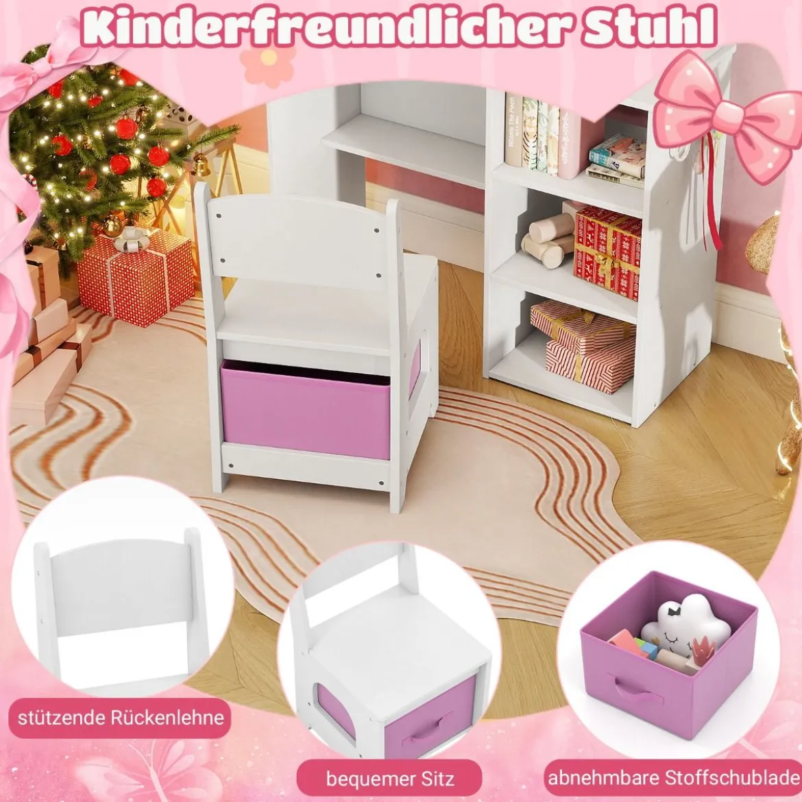 2 in 1 Kinder Schminktisch mit Beleuchtung Holz Frisiertisch mit Schubladen & Zubehör Weiß