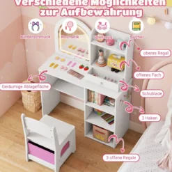 2 in 1 Kinder Schminktisch mit Beleuchtung Holz Frisiertisch mit Schubladen & Zubehör Weiß