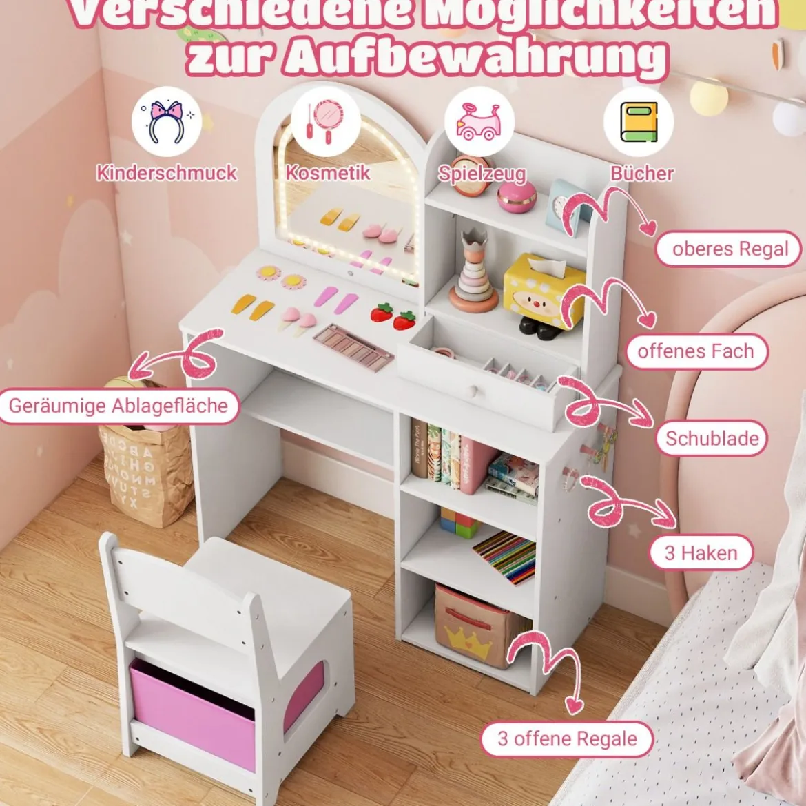 2 in 1 Kinder Schminktisch mit Beleuchtung Holz Frisiertisch mit Schubladen & Zubehör Weiß