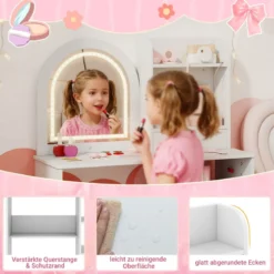 2 in 1 Kinder Schminktisch mit Beleuchtung Holz Frisiertisch mit Schubladen & Zubehör Weiß