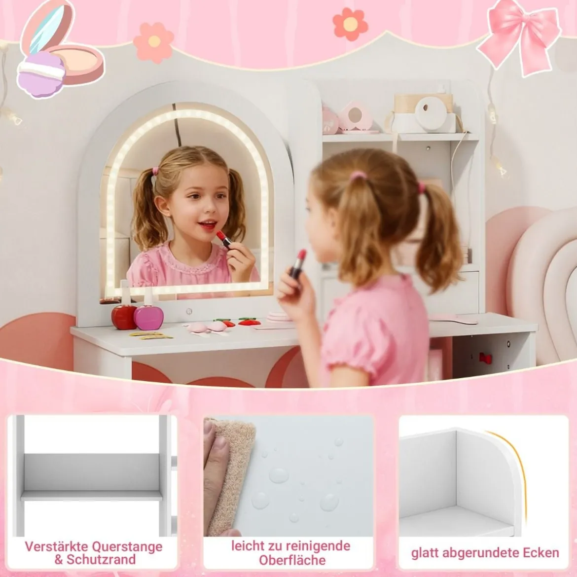 2 in 1 Kinder Schminktisch mit Beleuchtung Holz Frisiertisch mit Schubladen & Zubehör Weiß