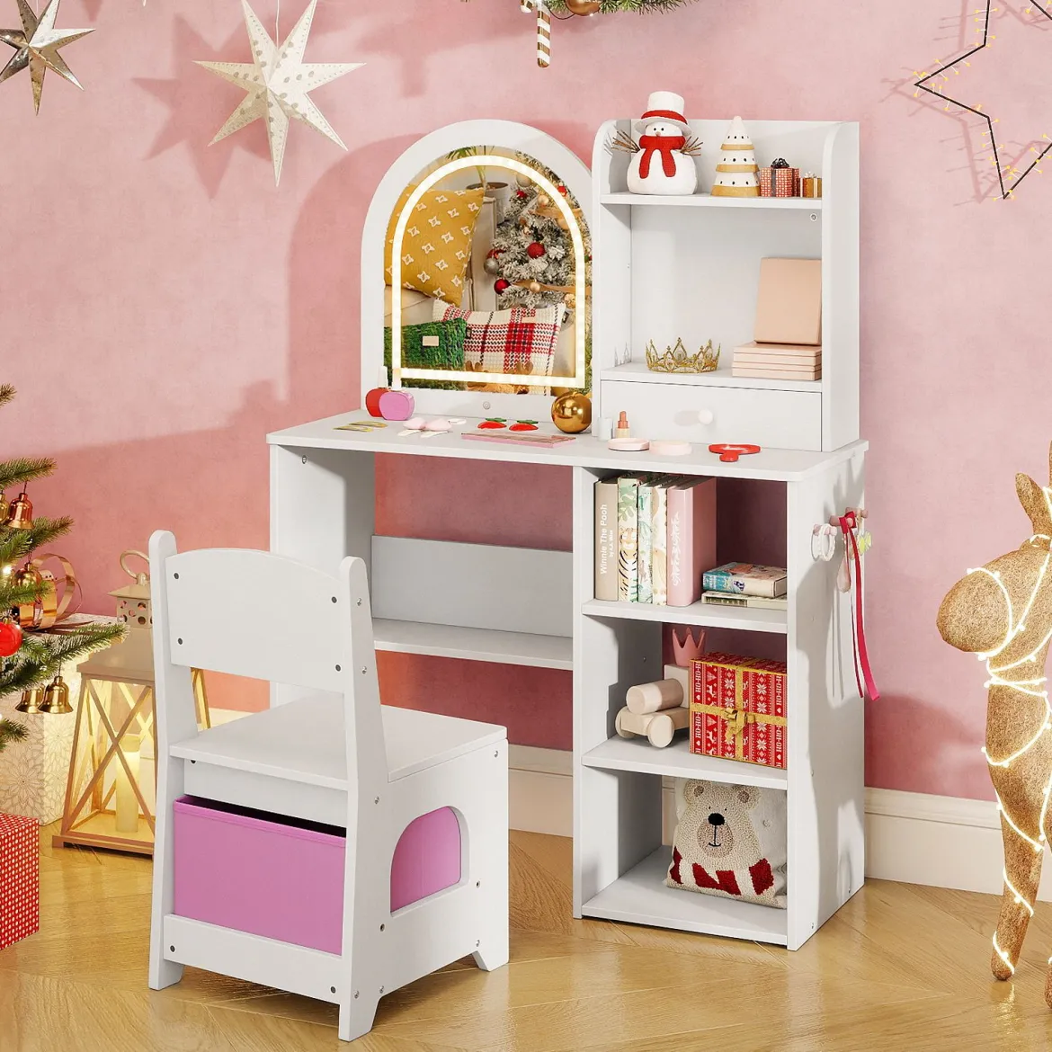 2 in 1 Kinder Schminktisch mit Beleuchtung Holz Frisiertisch mit Schubladen & Zubehör Weiß