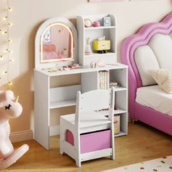 2 in 1 Kinder Schminktisch mit Beleuchtung Holz Frisiertisch mit Schubladen & Zubehör Weiß